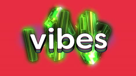 animation of vibes rainbow text on seamless loop green blocks