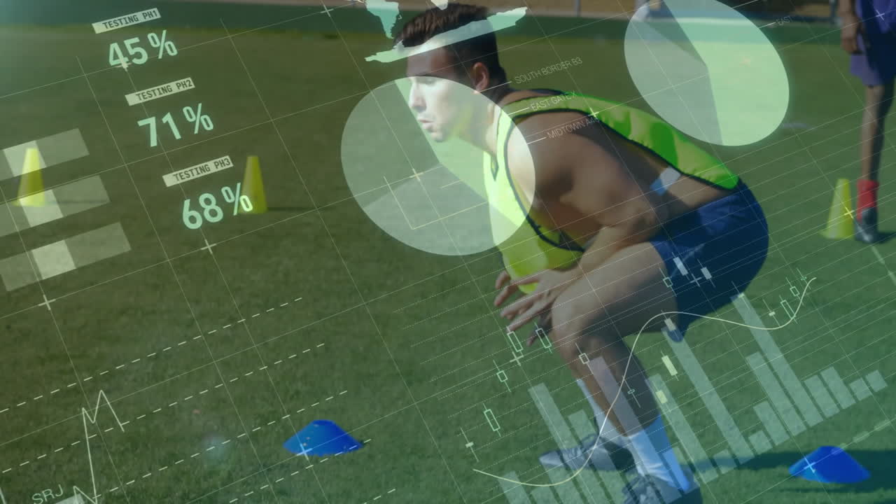 경기장 안에서 데이터 분석 애니메이션을 통해 경기력 측정에 대한 운동선수