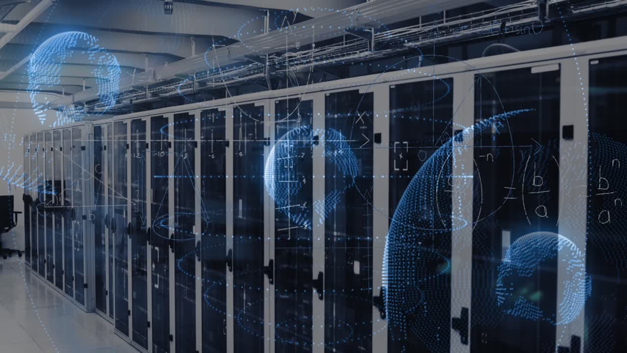 Animation of data processing and globe over server room