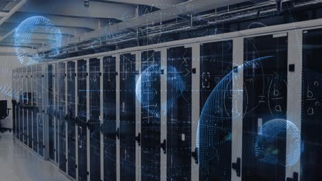 animation of data processing and globe over server room