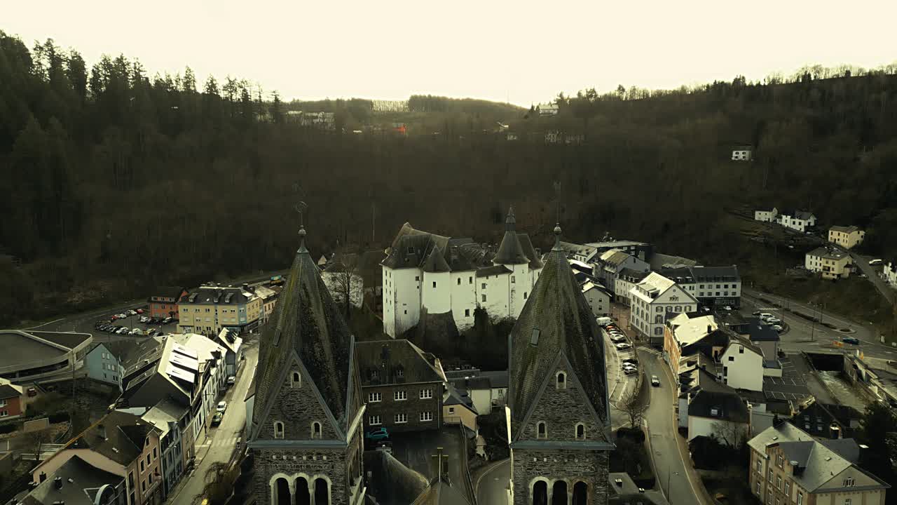 Drone footage of Clervaux in Luxembourg showing the castle