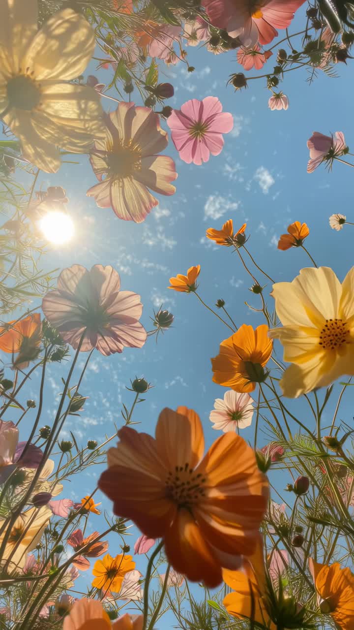 Flores vibrantes fotografadas de baixo para cima, tendo um céu ensolarado como plano de fundo, criando uma perspectiva de vídeo onírica