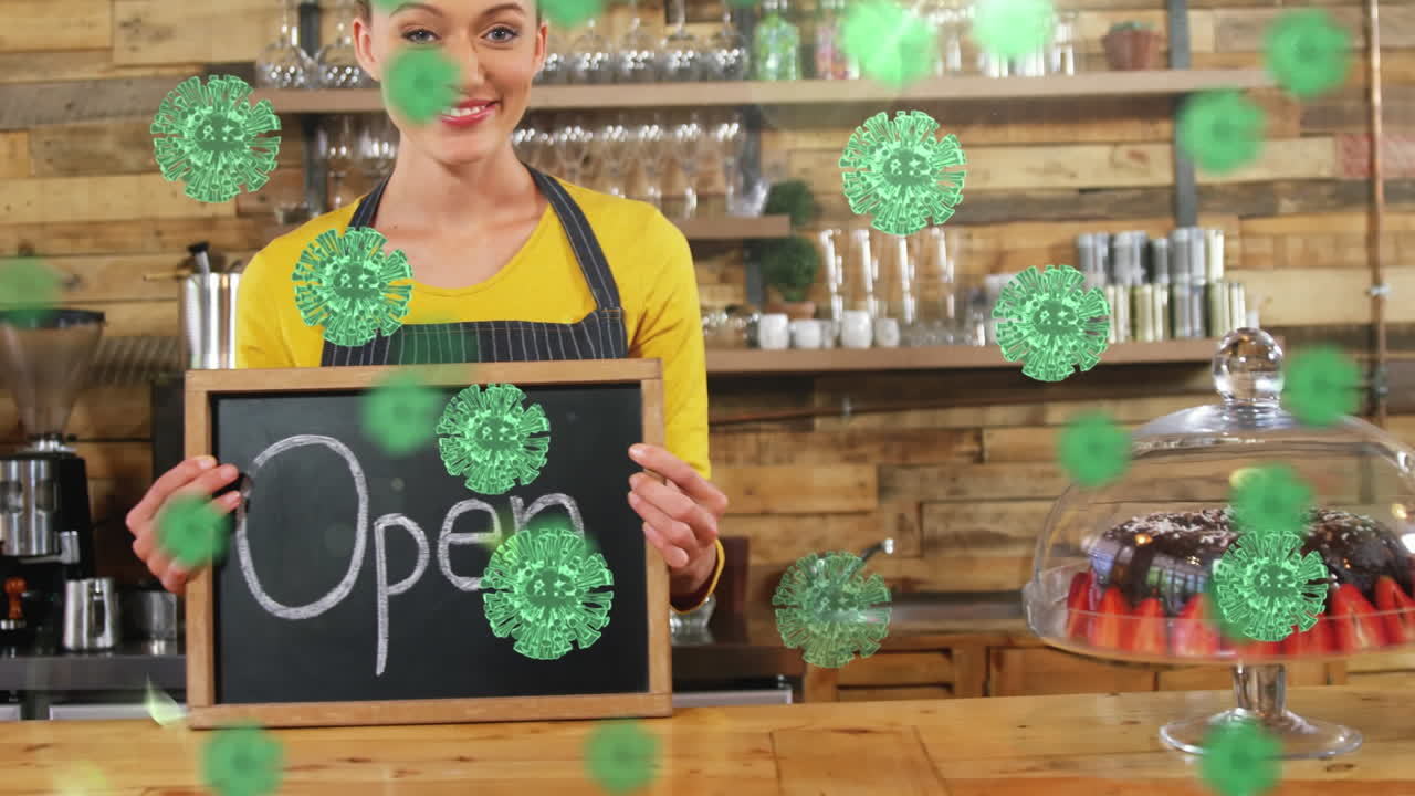 animación de células macro covid-19 flotando sobre una feliz hembra caucásica