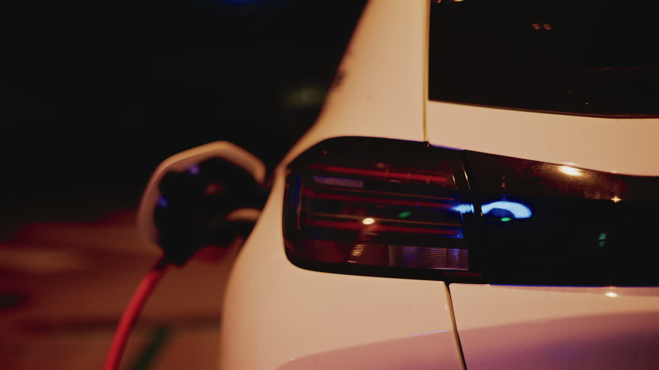 Rear view of a white electric car plugged into a street charger at night