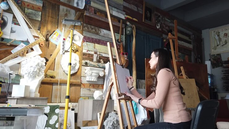 Donna che disegna su un'area di lavoro durante un workshop in una galleria d'arte