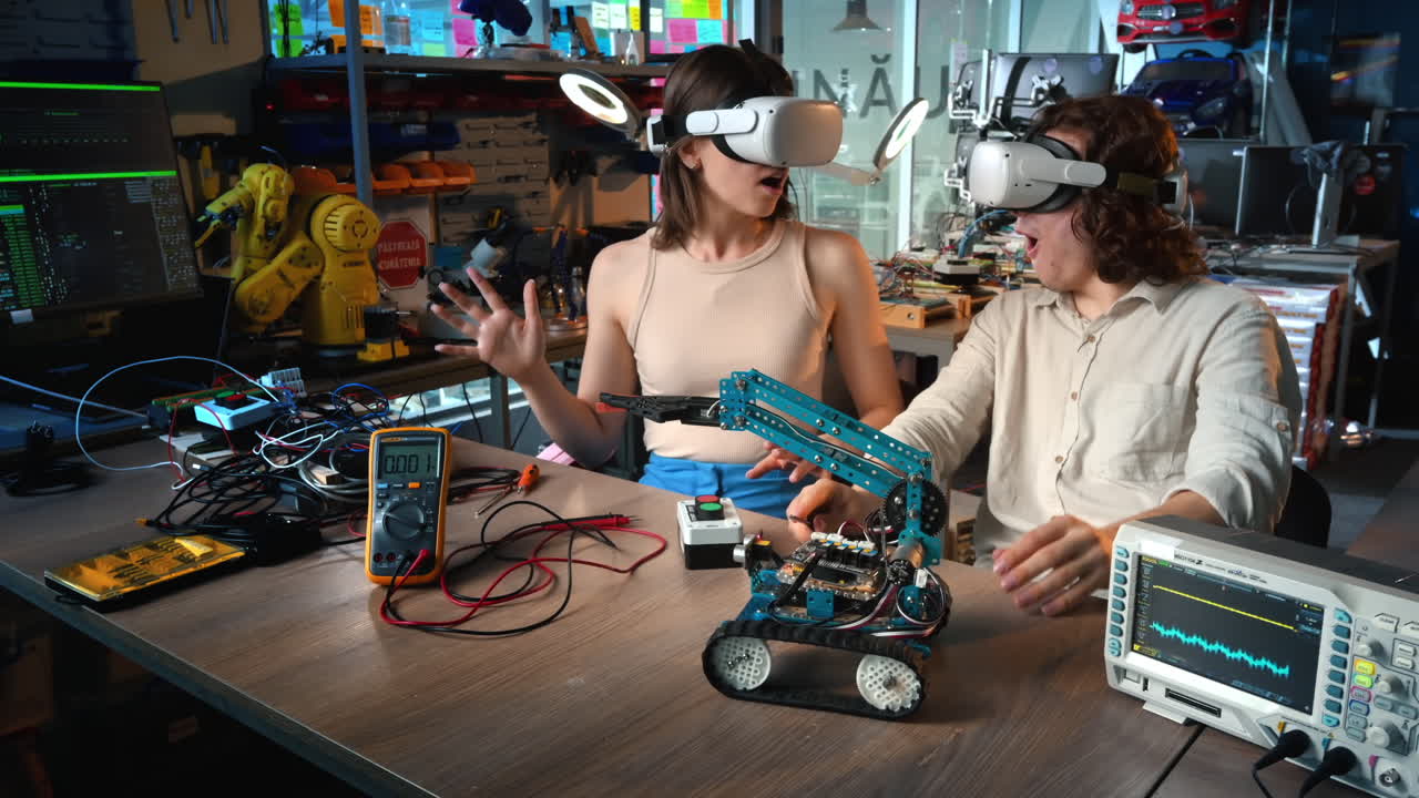 Young man and woman in VR glasses doing experiments in robotics in a laboratory. Giving each other five. Robot and tools on the table. Slow motion. Translation from Romanian language on red sign "keep the workplace clean"