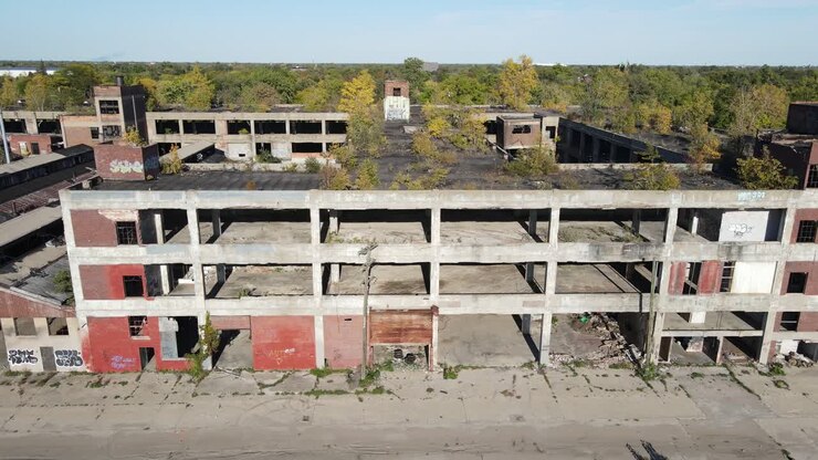 Edifício abandonado de vários andares na cidade de Detroit, vista aérea lateral