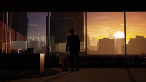 businessman looking at city sunrise/sunset from office window with suitcase