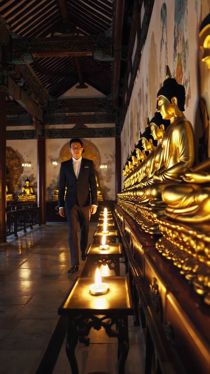 Man in a Suit Visiting a Chinese Temple