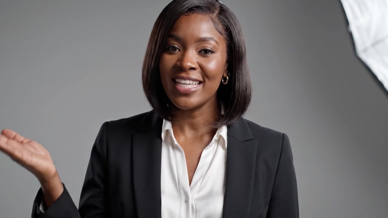 Confident speaker presenting a message with enthusiasm, engaging the audience and conveying positivity through expressive gestures and a professional appearance.