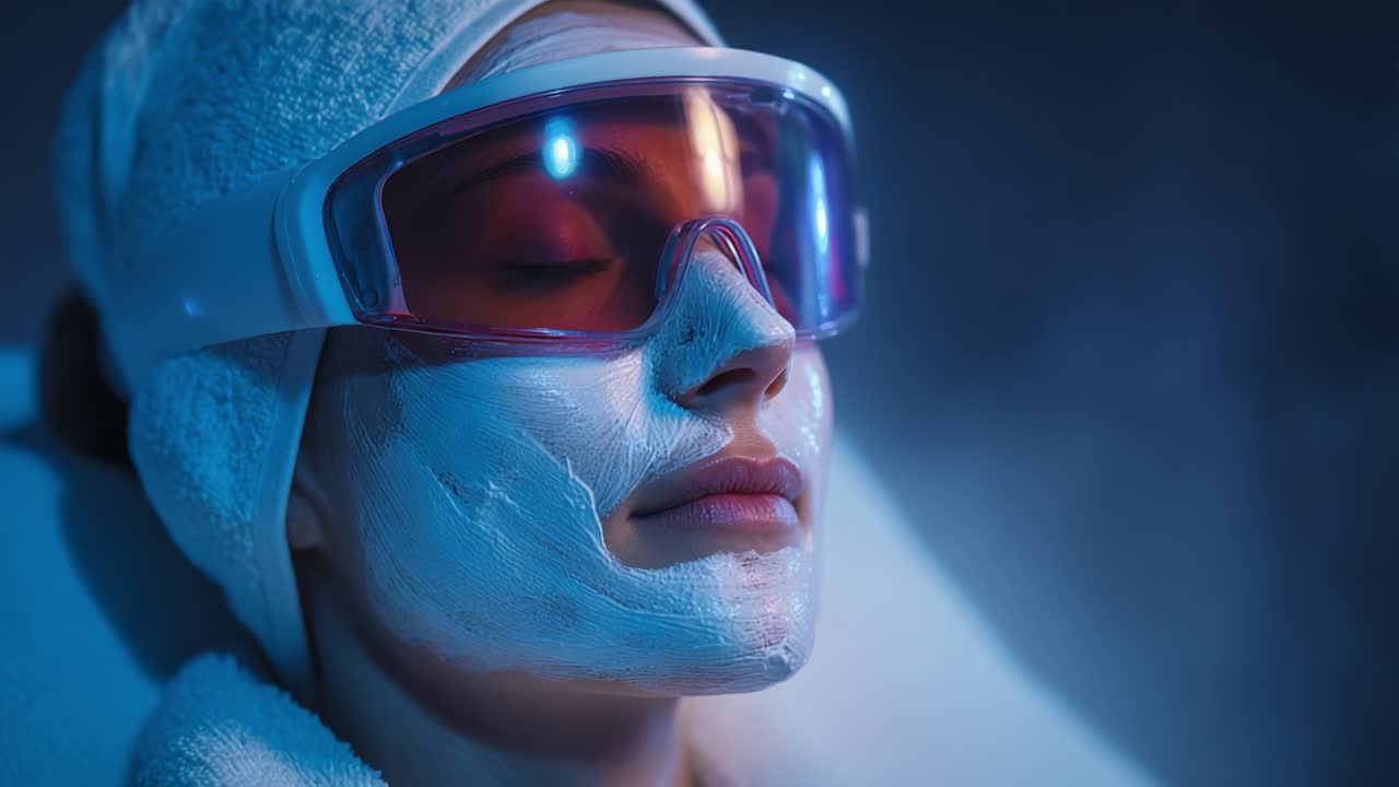 A Tranquil Moment in Beauty Treatment: A Woman Relaxing with a Facial Mask and Protective Glasses, Indulging in Self-Care While Enjoying a Soothing Spa Atmosphere with Calming Lighting