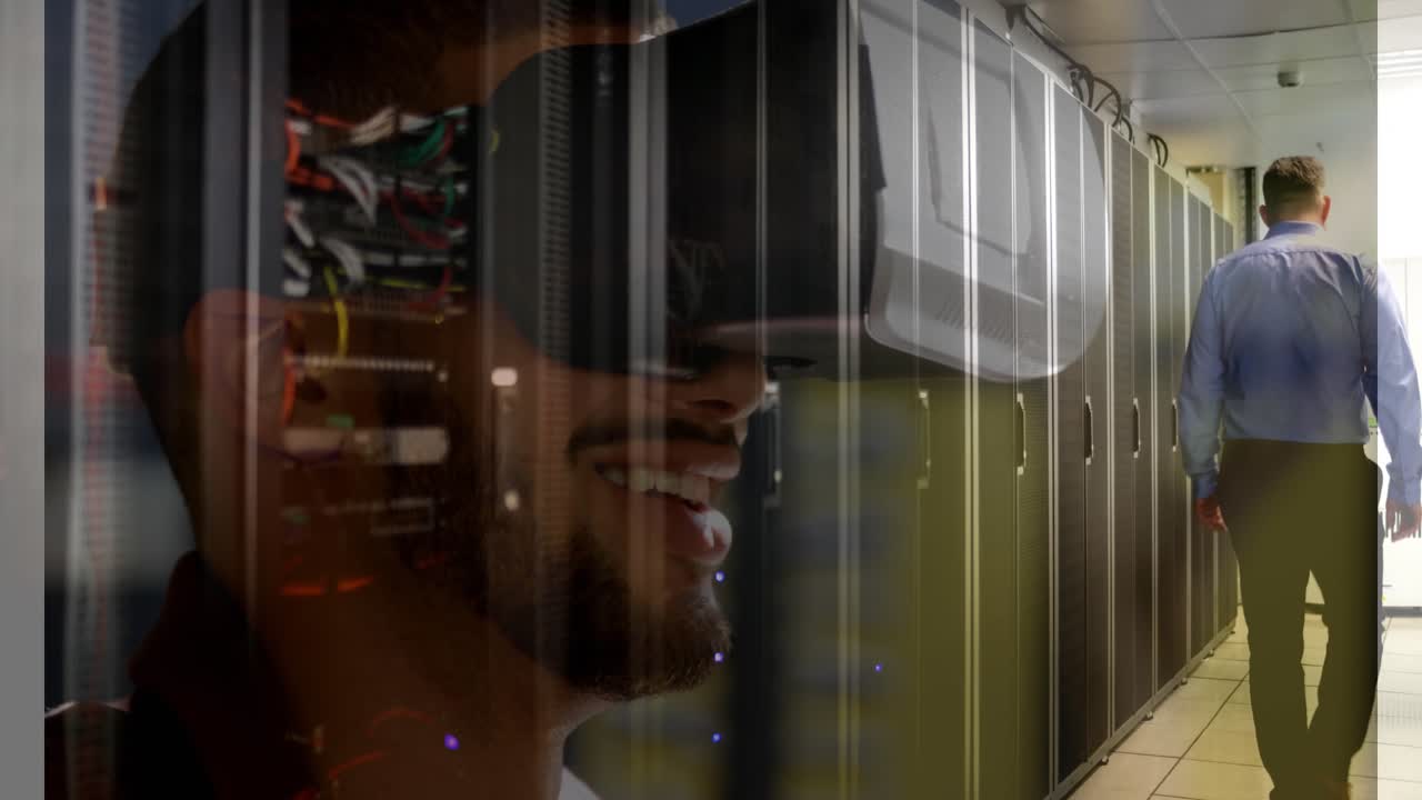 Animation of server room over man using vr headset