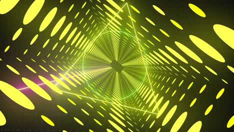 Animation-of-yellow-spots-and-neon-shapes-over-digital-tunnel