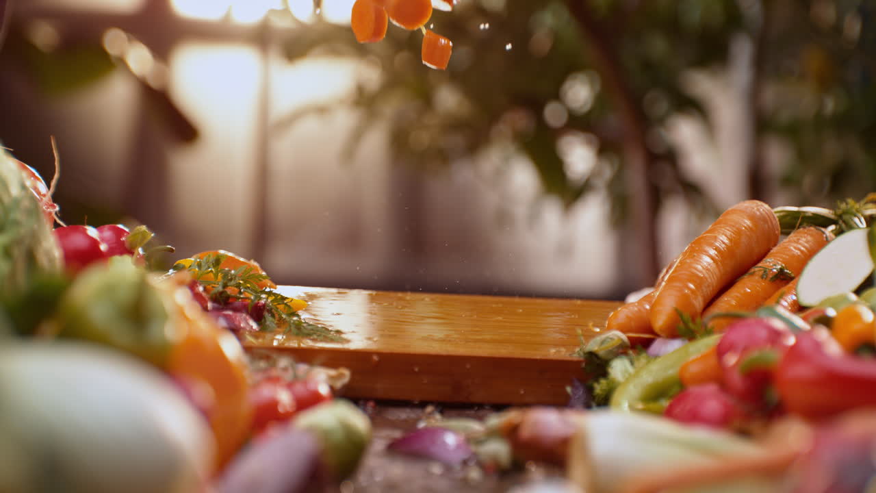 zanahorias cortadas cayendo en una tabla de cortar
