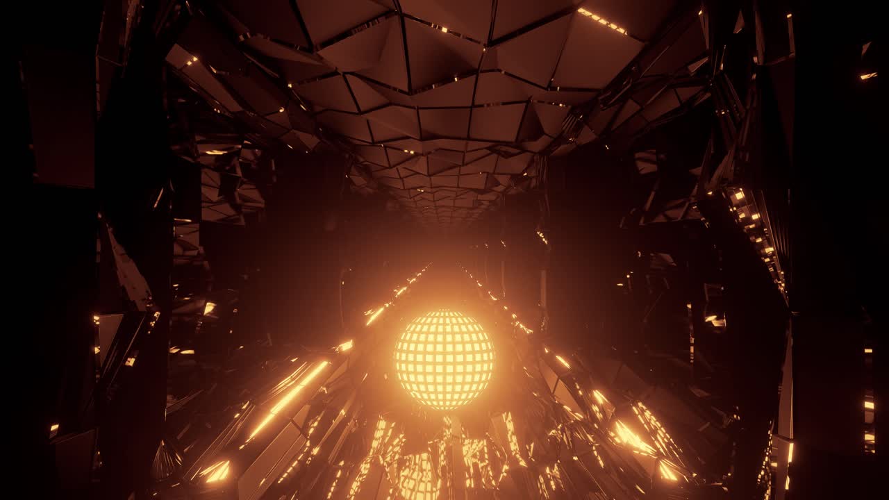 vj 루프 - 빛나는 황금빛 에너지 구체가 어두운 광택이 나는 공상과학 회랑을 굴러 내려갑니다.