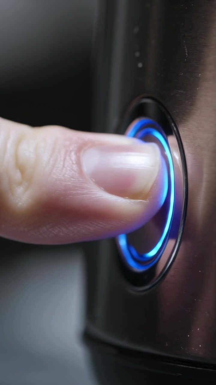 Vertical video: Pressing fingertip on button at counter, lighting blue LED ring powering device