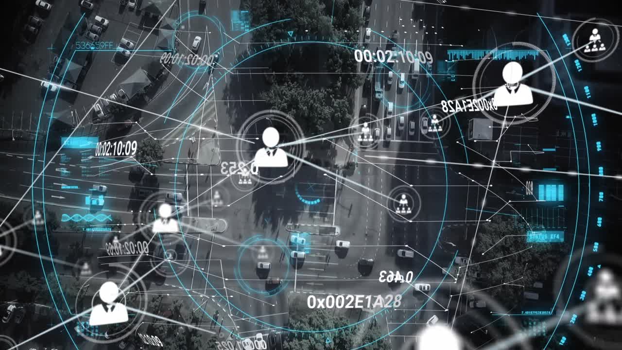 animación de escaneo de alcance sobre una red de iconos de perfil contra una vista aérea del tráfico de la ciudad
