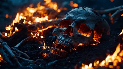 a skull and bones are burning in the dark