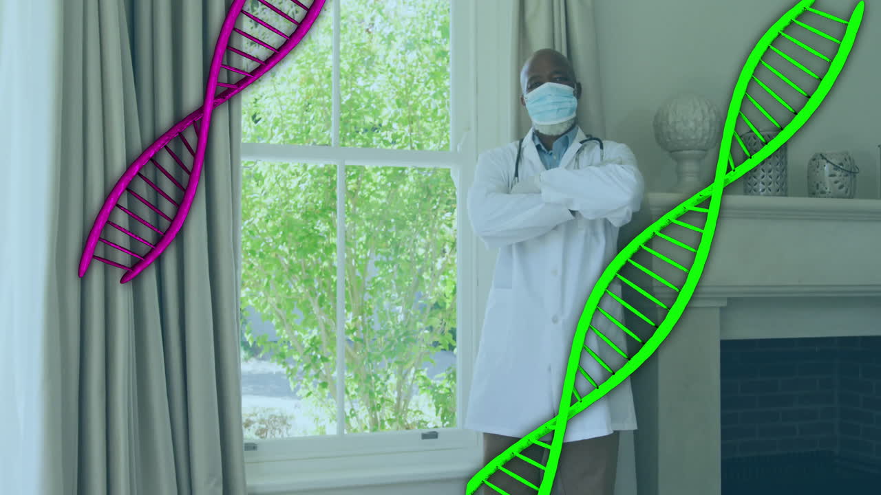 Doktor, sağlık teknolojisi için şöminenin yanında animasyonlu mor ve yeşil DNA sarmalı grafikleri gösteriyor.