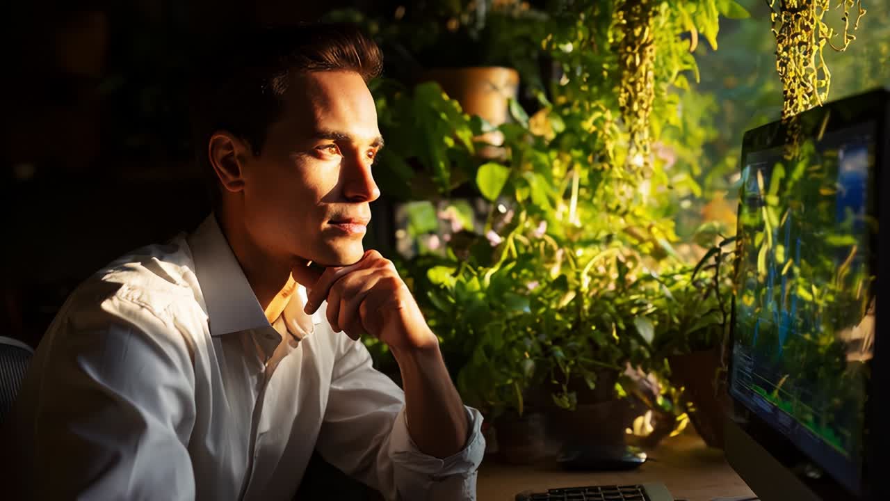Man Analyzing Financial Data in a Green Office