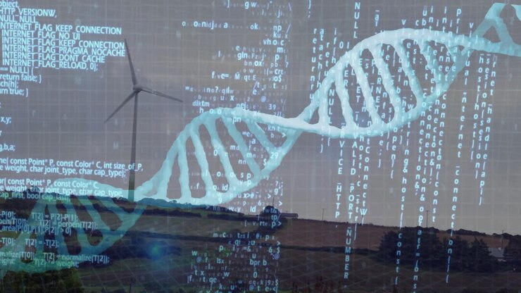DNA strand and binary coding animation over wind turbines in field