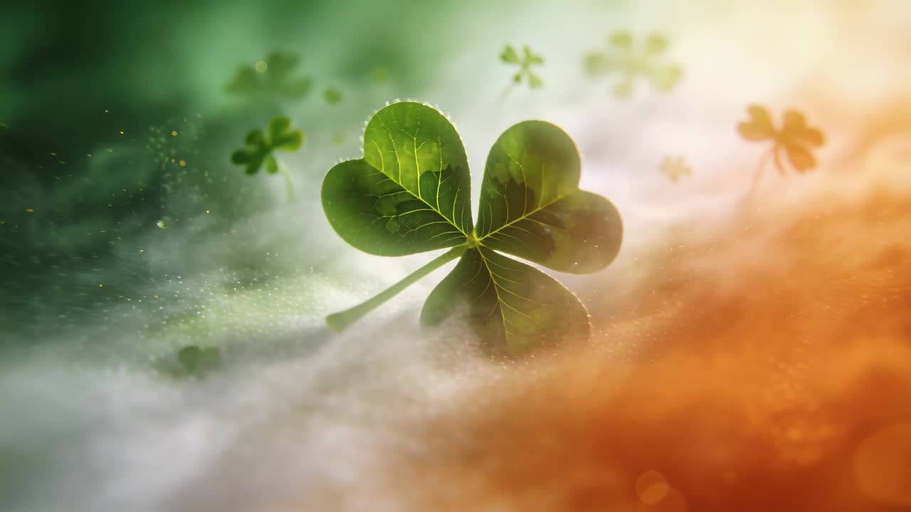 Pulling back cam revealing four-leaf clover to show drifting field over misty tricolor, particles
