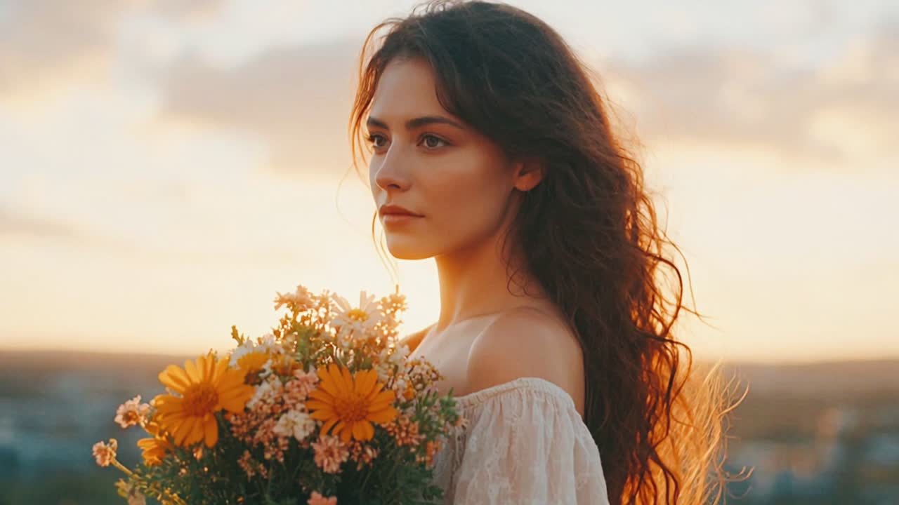 Kvinna med blommor i solnedgången