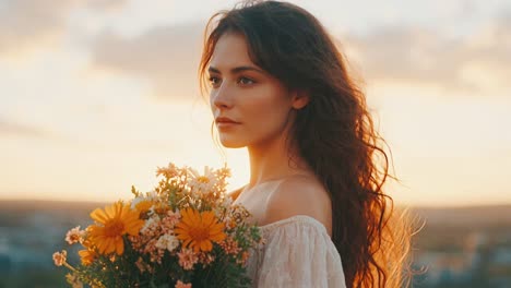 woman with flowers at sunset