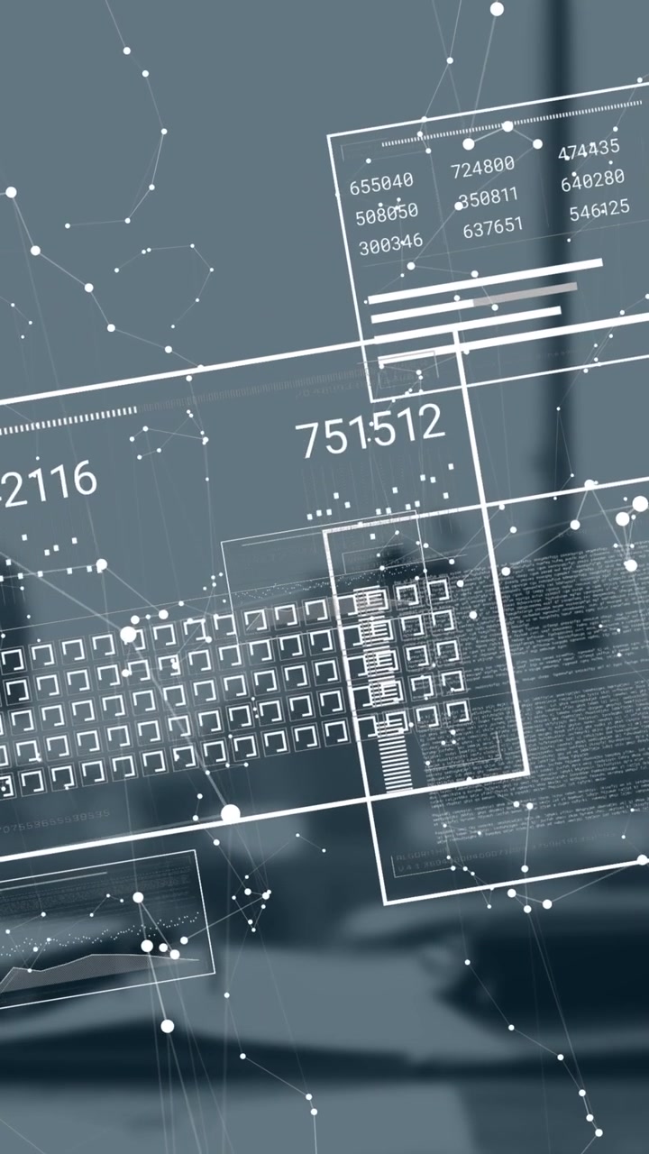 Various computer screens with numbers changing and data processing