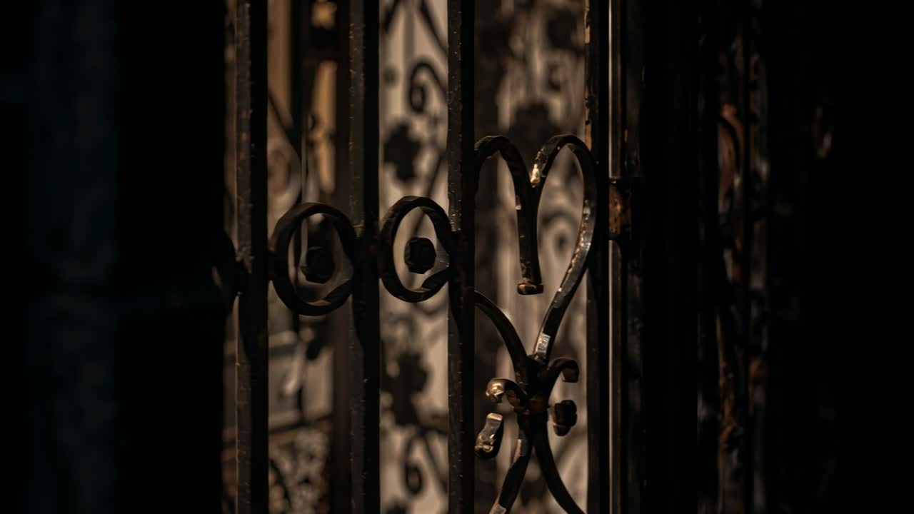 Swinging ornate iron gate opening at entry after latch moves, revealing central rosette