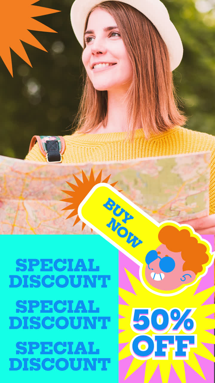 Travel Discount Ad with Woman and Map