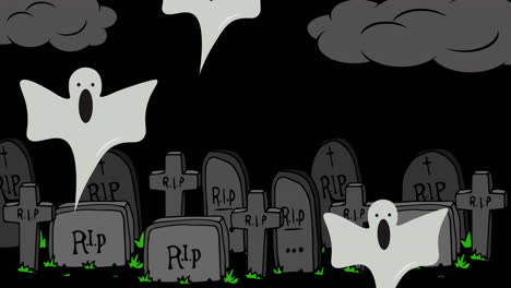 animation of flying ghosts over cemetery on black background