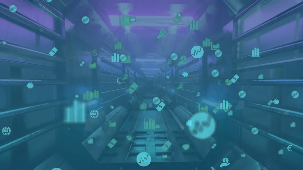 Animation of network of connections with icons in tunnel over blue background