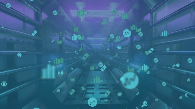 Animation of network of connections with icons in tunnel over blue background