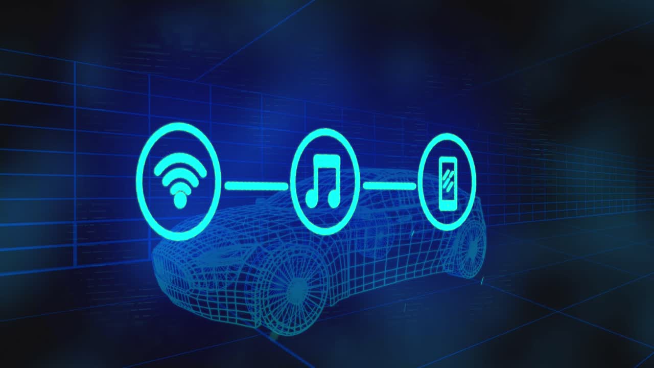 animación de iconos conectados sobre un modelo 3d de coche contra un fondo negro