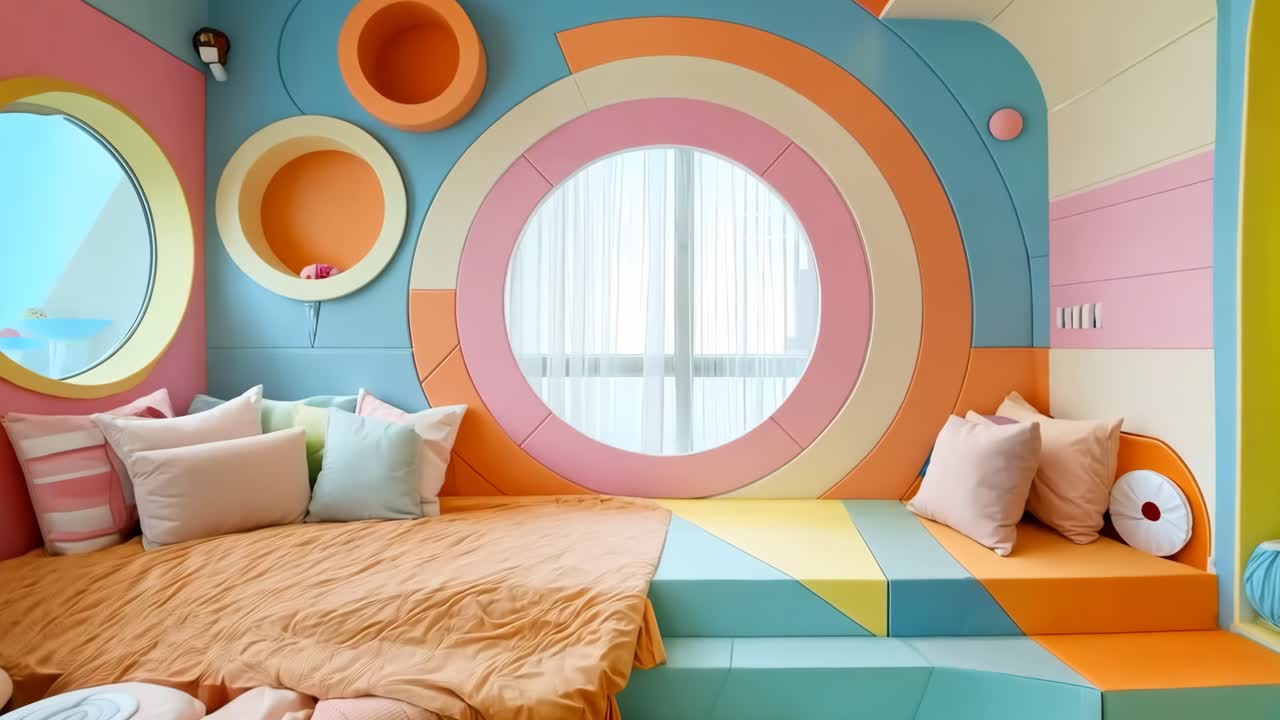 un dormitorio colorido con una cama y una pared colorida