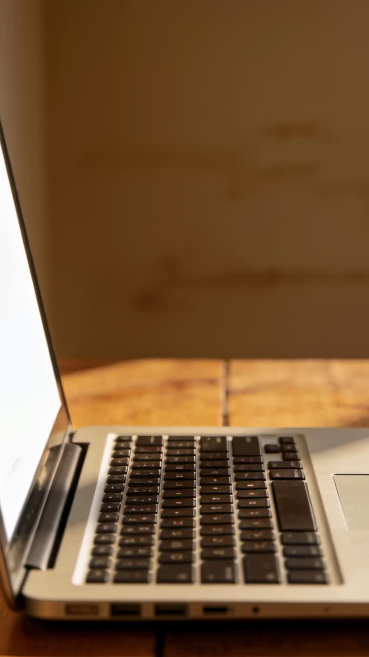 Video verticale: Inquadratura della telecamera che si sposta, focalizzando la tastiera di un laptop argentato e le porte laterali sinistre su una scrivania di legno.