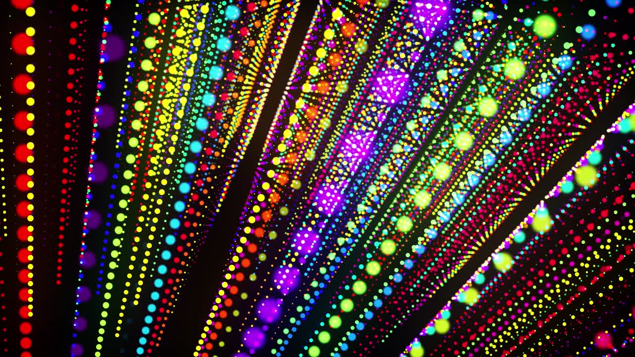 추상적인 3d 루프 배경은 빛나는 입자가 3d 공간에서 줄지어 서 있습니다. 다채로운 입자와 부드러운 애니메이션 카메라를 가진 축제 vj 루프.