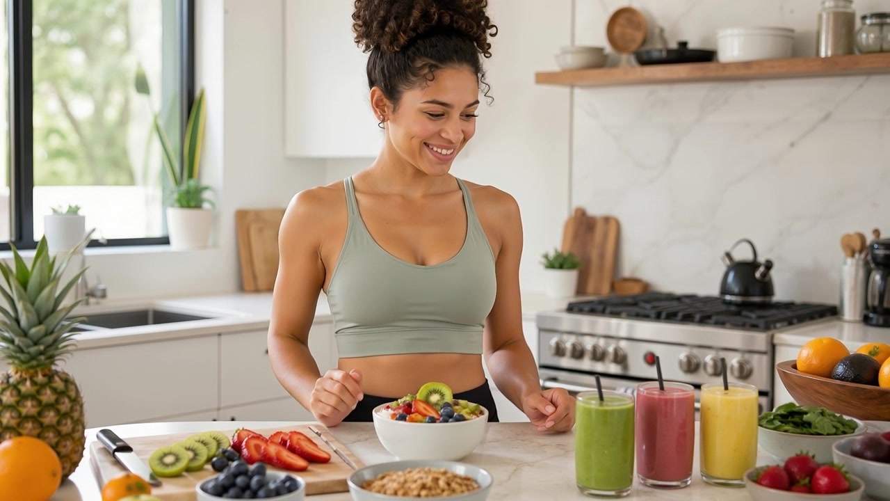Jovem mulher sorridente preparando uma tigela de frutas saudável e pegando um smoothie fresco na cozinha