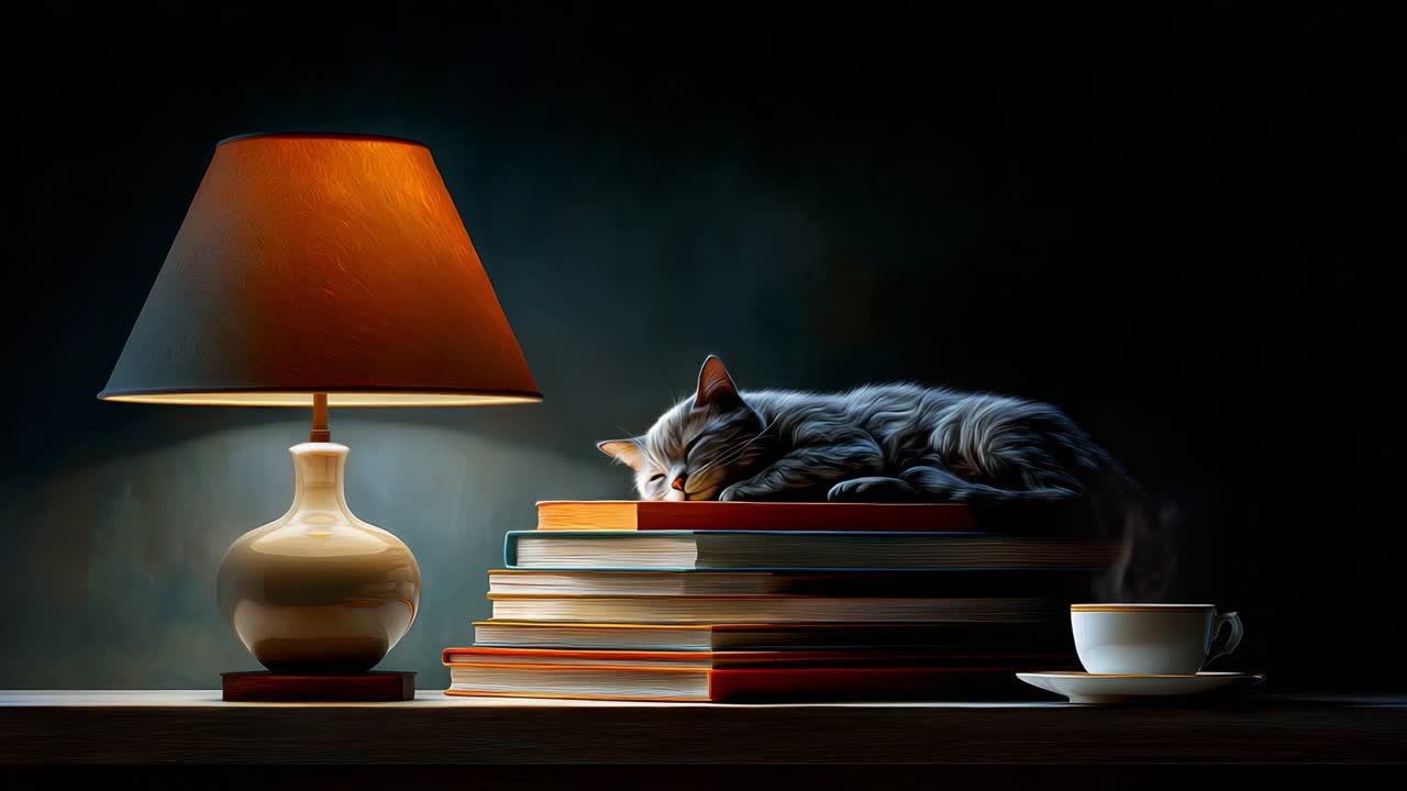 A Cozy Evening with a Sleeping Cat on a Stack of Books Under Soft Lamp Light and a Warm Cup of Coffee, Perfect for Book Lovers and Cat Enthusiasts Alike