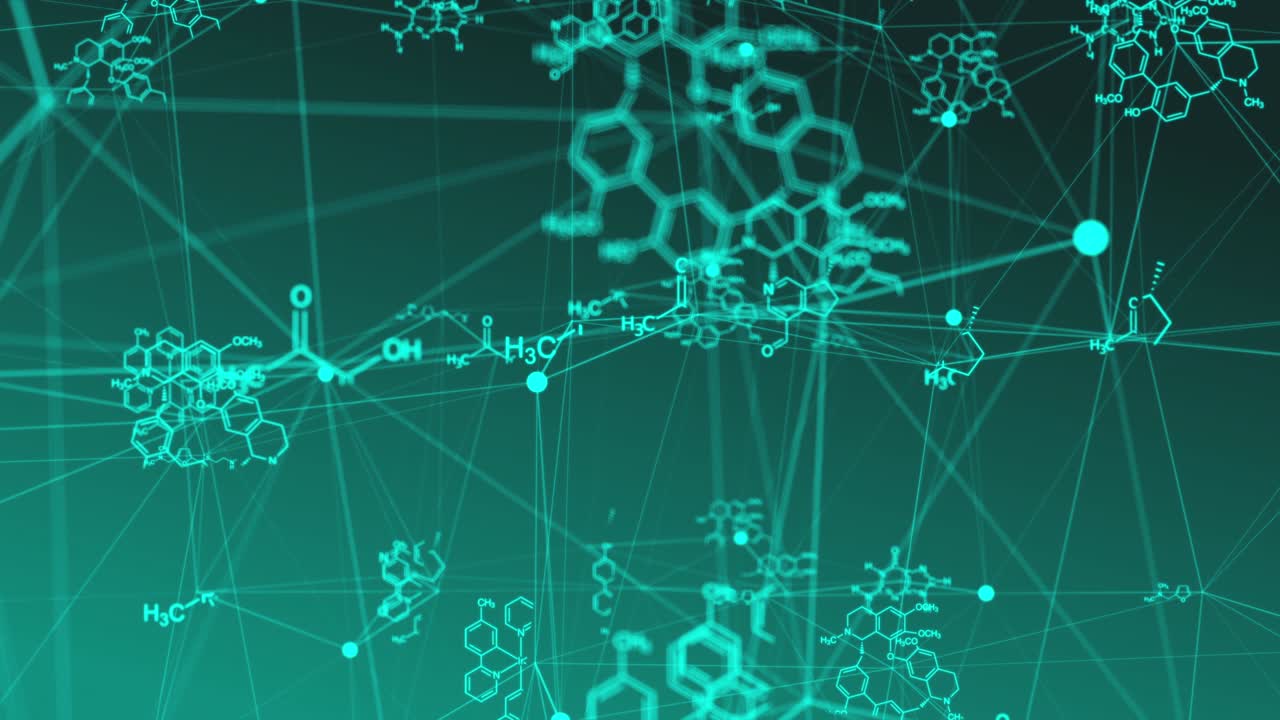 Chemical formulas move in space, science and mathematical research and development concepts. Video loop