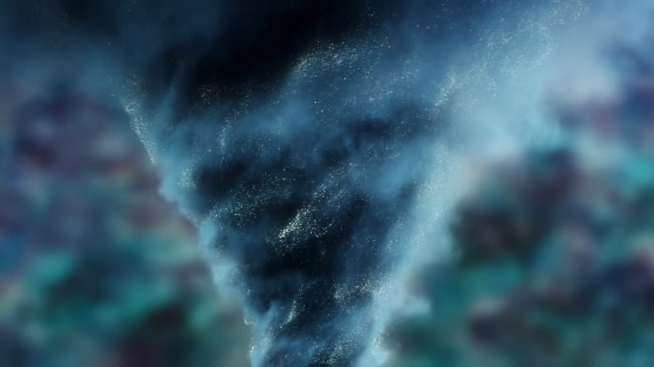 Misty Cosmic Vortex Swirling Stars Clouds, Cinematic K Background With Teal Haze, Glittering Particles, Deep