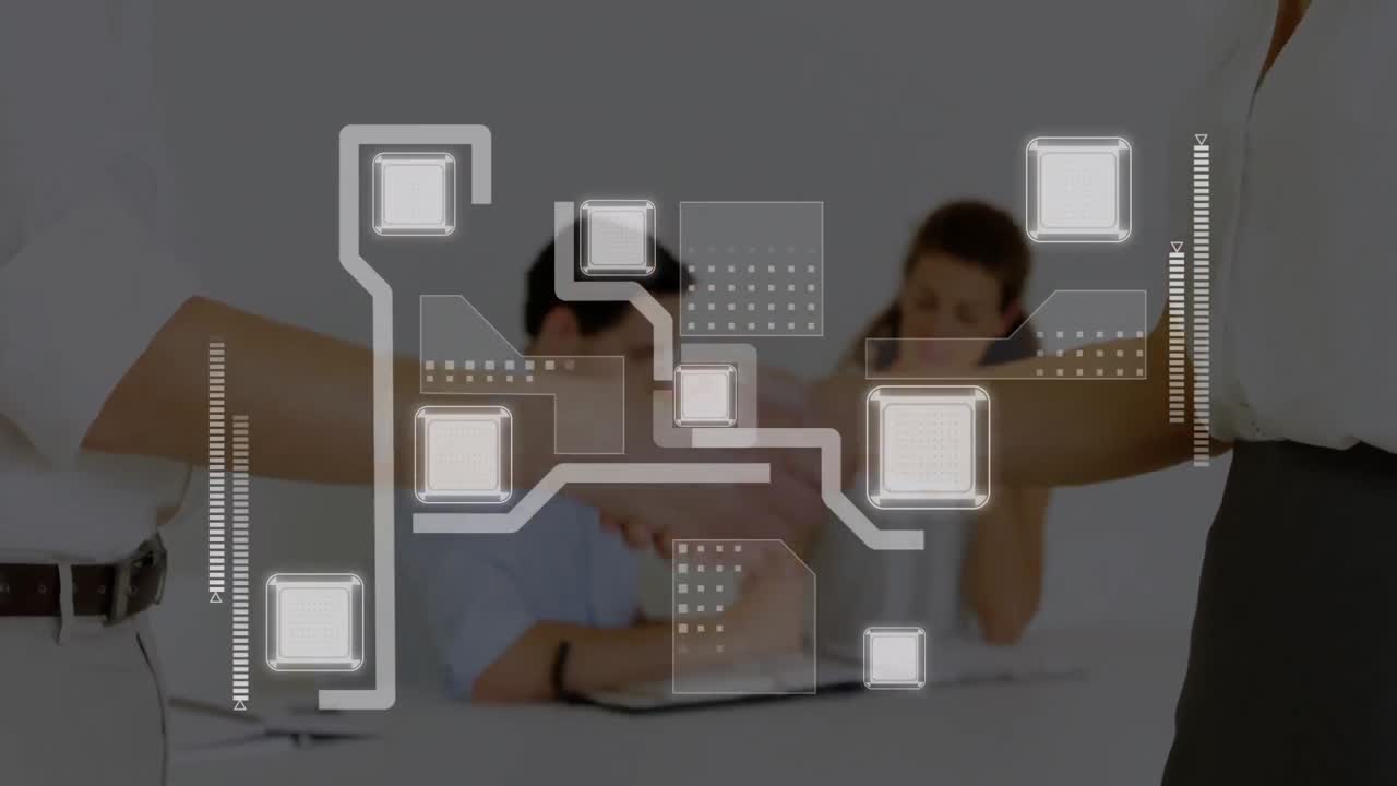 animación de redes y procesamiento de datos sobre el apretón de manos de un empresario