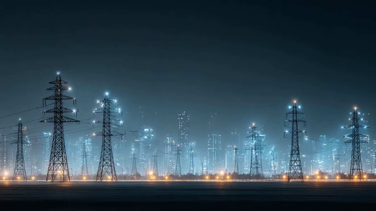 A stunning nightscape view showcasing towering power lines against a vibrant city skyline illuminated by soft electric lights, symbolizing energy and modernity