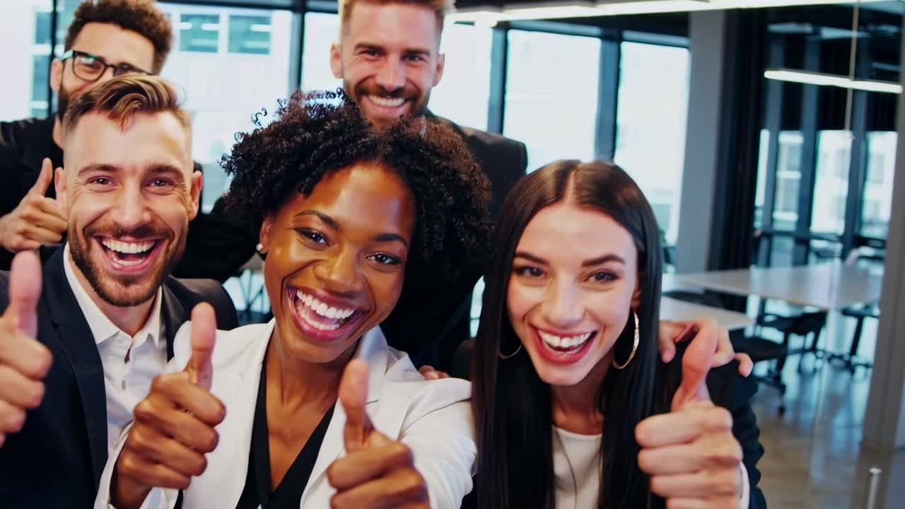 Group of diverse professionals smiling at the camera in a modern office
