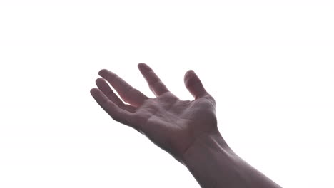 mano de hombre con la palma abierta esperando recibir algo, aislado en fondo blanco - primer plano, toma de estudio