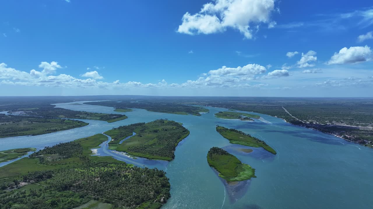 Drone view of islands along the São Francisco River near its mouth