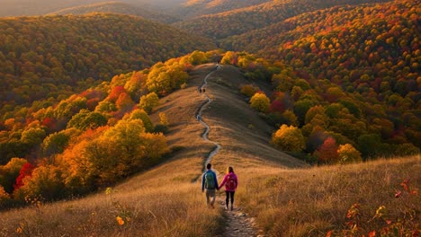 couple hiking a scenic mountain trail amidst autumn foliage