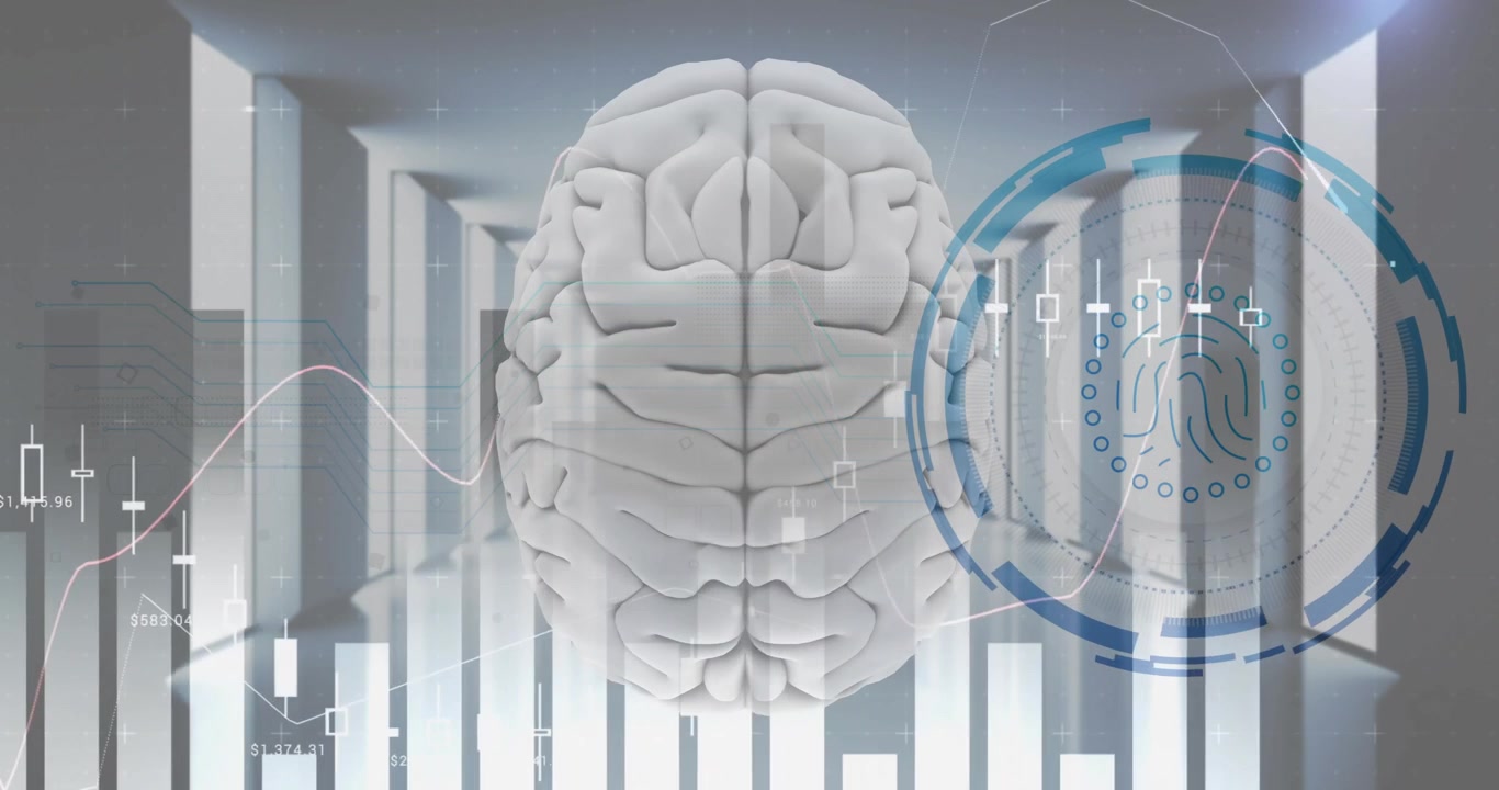 Animazione di impronta digitale biometrica e elaborazione di dati digitali su cervello e server informatici.