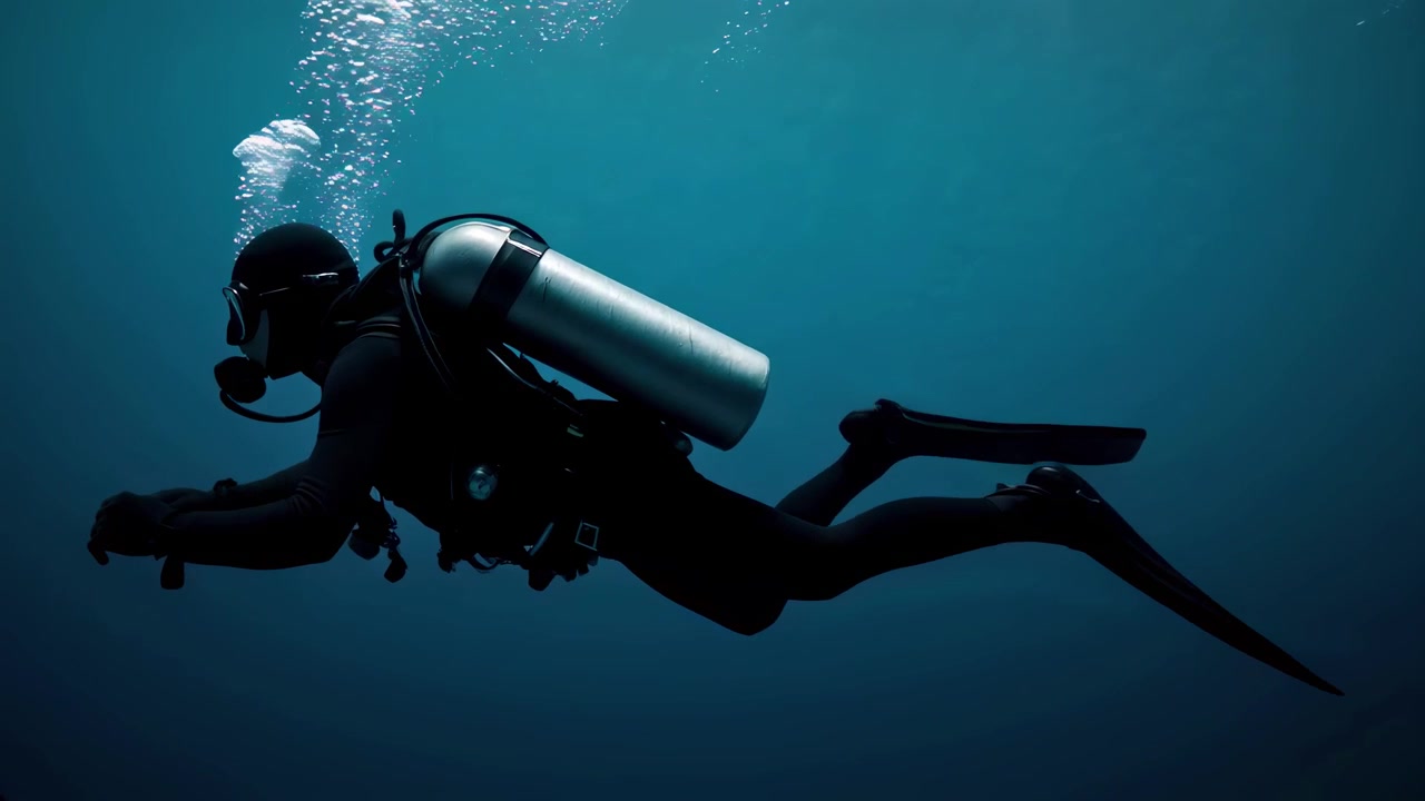 Scuba Diver Swimming Underwater in Deep Blue Ocean